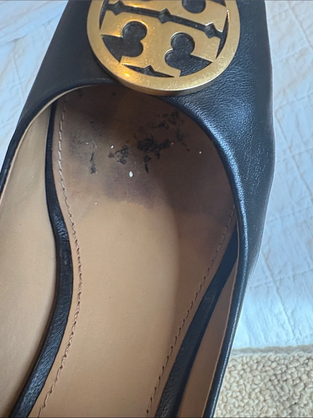 Tory Burch Black Peep-Toe Pumps with Gold Logo Medallion